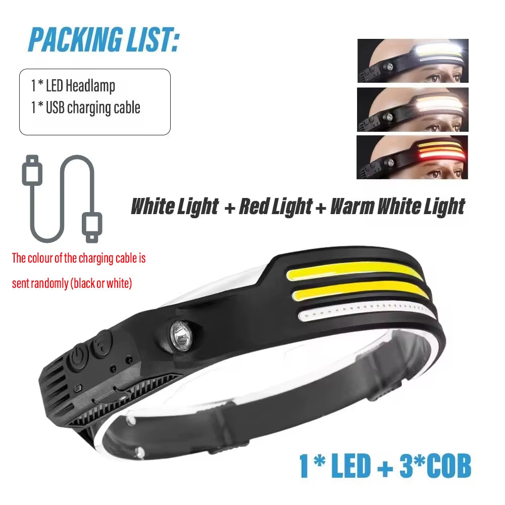 Induction Headlamp COB LED Sensor Head Lamp Built-In Battery Flashlight USB Rechargeable Head Torch 5 Lighting Modes Headlight