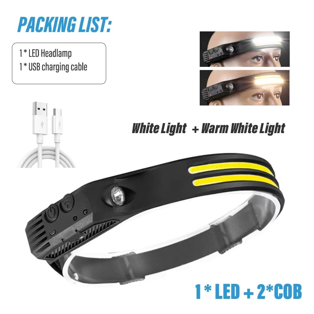 Induction Headlamp COB LED Sensor Head Lamp Built-In Battery Flashlight USB Rechargeable Head Torch 5 Lighting Modes Headlight