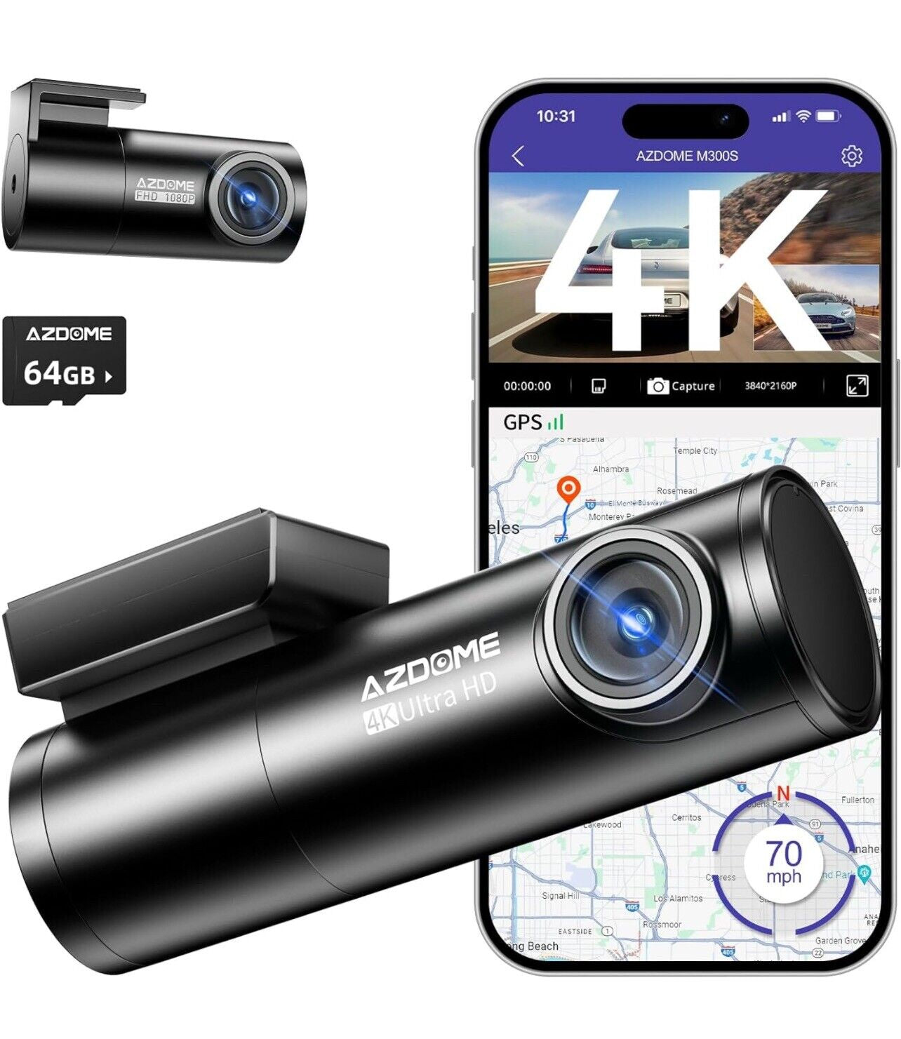 AZDOME M300S 4K Dash Cam Front and Rear, 5G Wifi GPS Night Vision Free 64GB TF