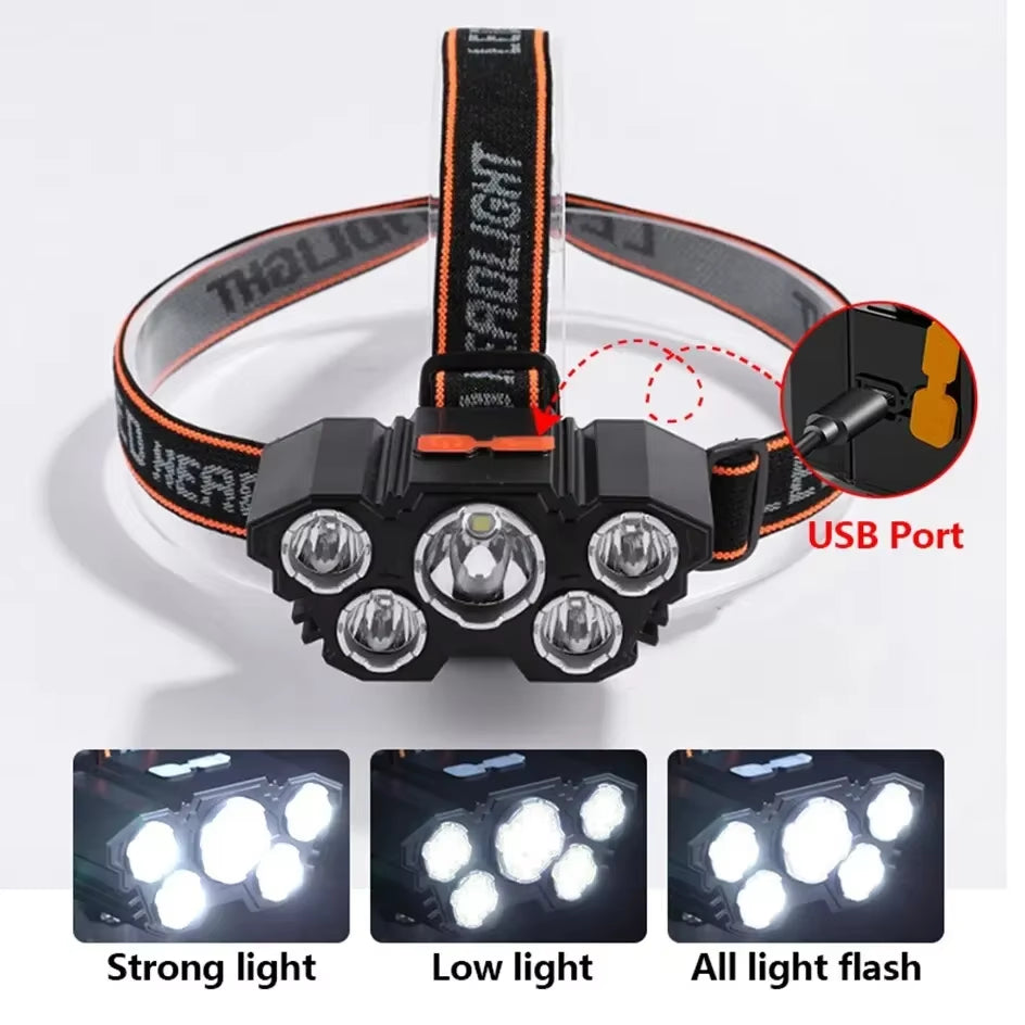 5 LED Flashlight Rechargeable with Built in 18650 Battery Strong Light Camping Adventure Fishing Head Light Headlamp