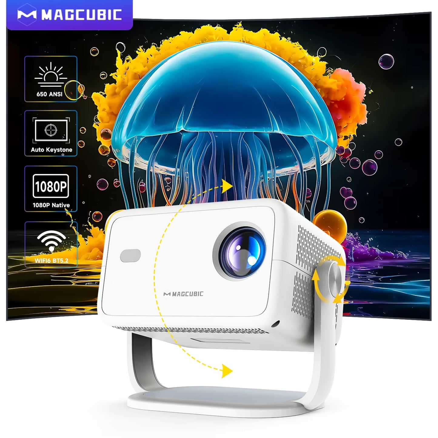 Native 1080P 650ANSI 4K Android 11 L018 360° Projector with Auto Keystone Focus Air Mouse Wifi6 BT5.2 Portable Outdoor